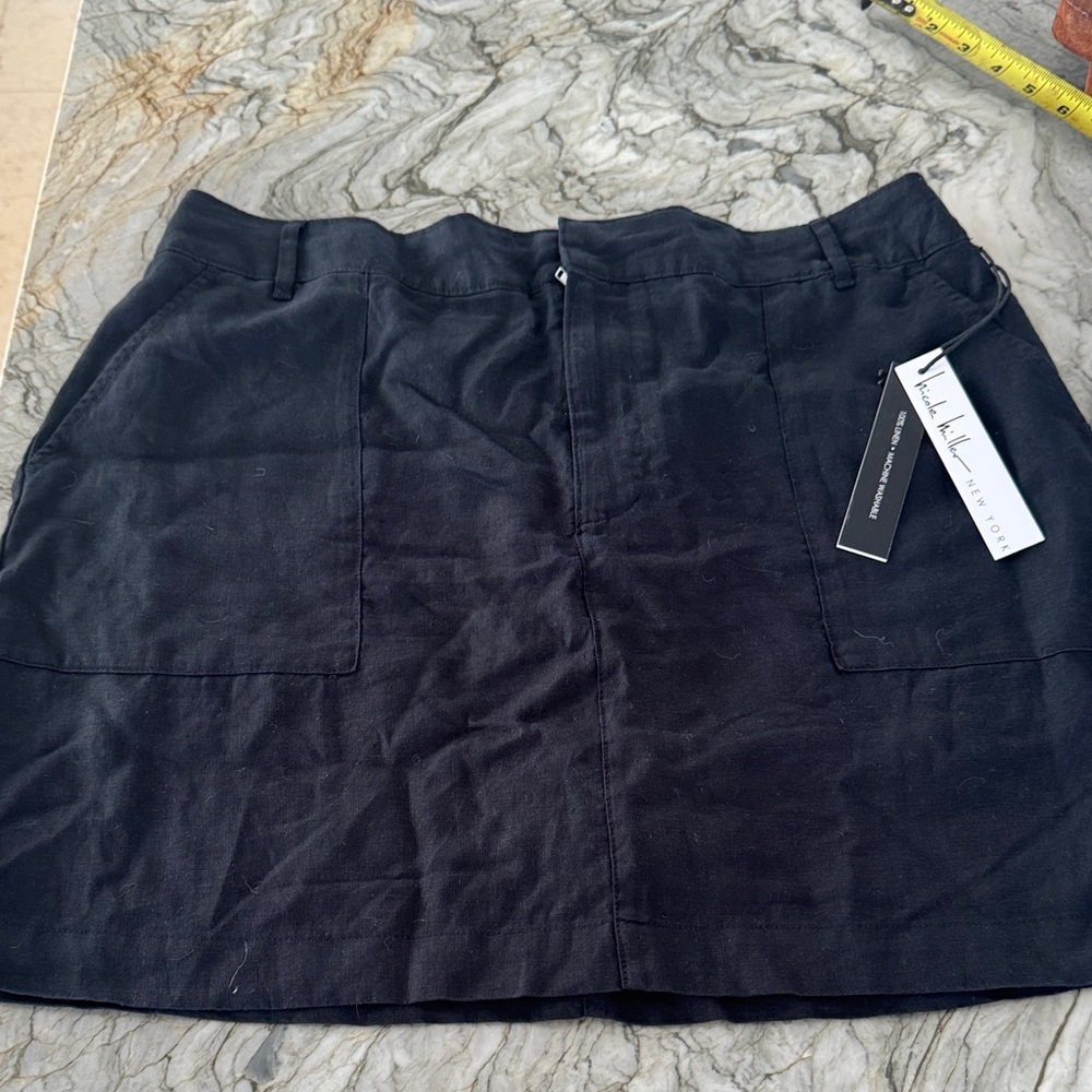 Nicole Miller Black Mini Skirt Front & Back Pockets NWT Size XL 100% Linen